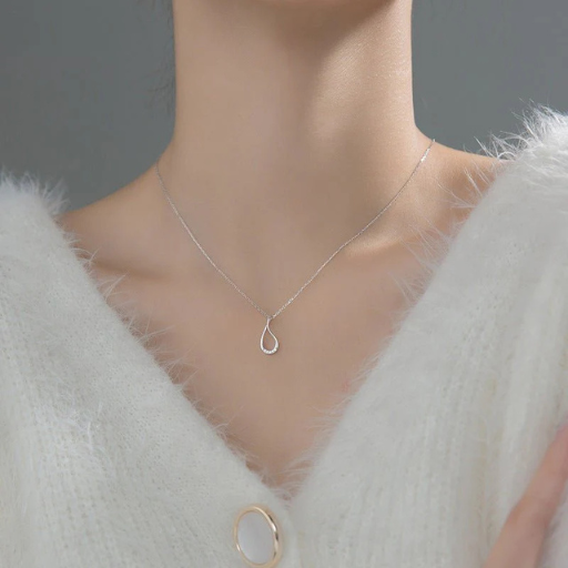 Silver Necklace Hollow Drop-Shaped Diamond-Studded